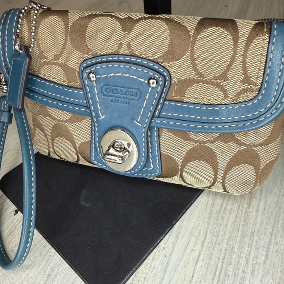 Coach Legacy Turn Lock Monogram Wristlet in Tan and Blue